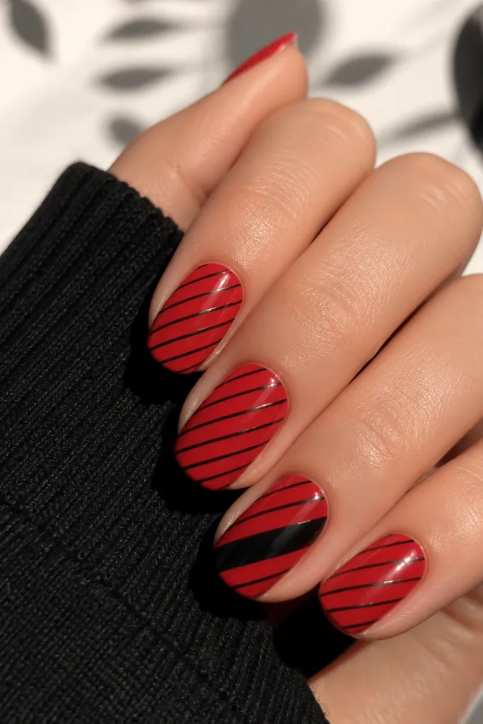 A set with glossy red nails overlaid with diagonal black stripes that cross the nail from one corner to the other. The stripes are evenly spaced, and one nail has a thicker black stripe for contrast. The lines are straight and look like they were made with tape.