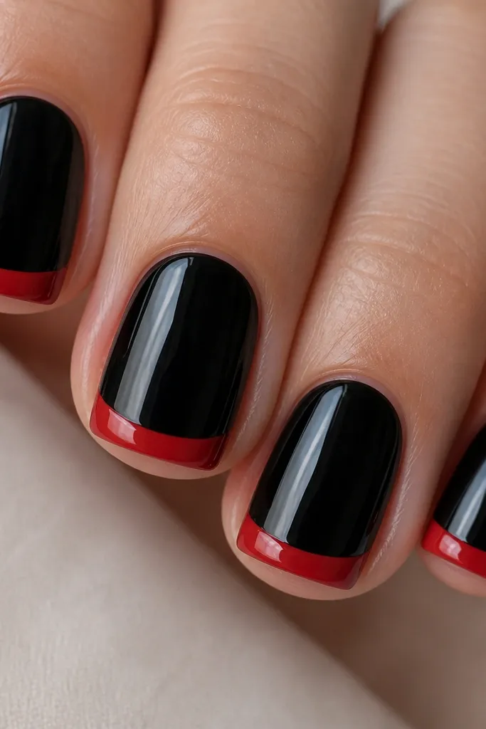 Close-up of short, squoval nails. The nail is coated in glossy black from cuticle to just before the tip, then a thin French smile line cuts in. The very edge of each nail is painted a bright cherry red tip with clean, even thickness and a high-shine top coat.