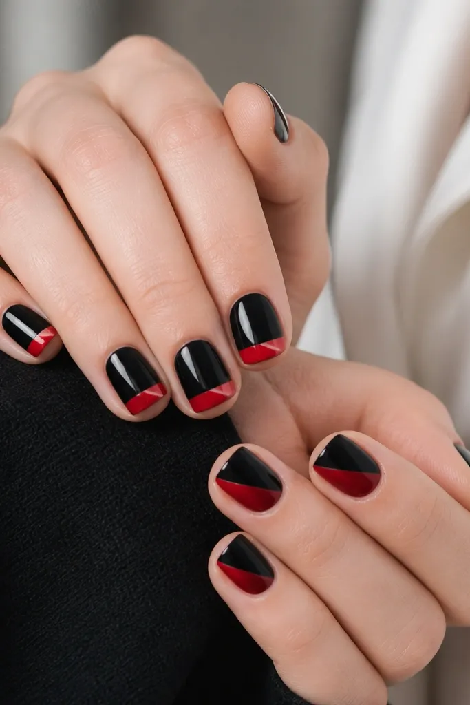 Short square nails with glossy black covering most of the nail. A diagonal French line slices from the left side toward the right edge, and the free corner tip is painted a bold red. The diagonal line is crisp and straight, and the nails have a smooth shine.