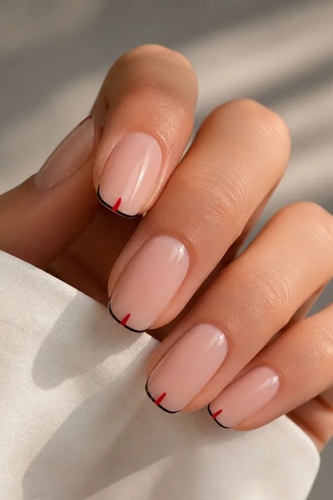 Medium squoval nails with a sheer nude base. There's a very thin black micro-French along the free edge. In the middle of each tip, a narrow red stripe runs from the center of the smile line to the very edge, with glossy finish.