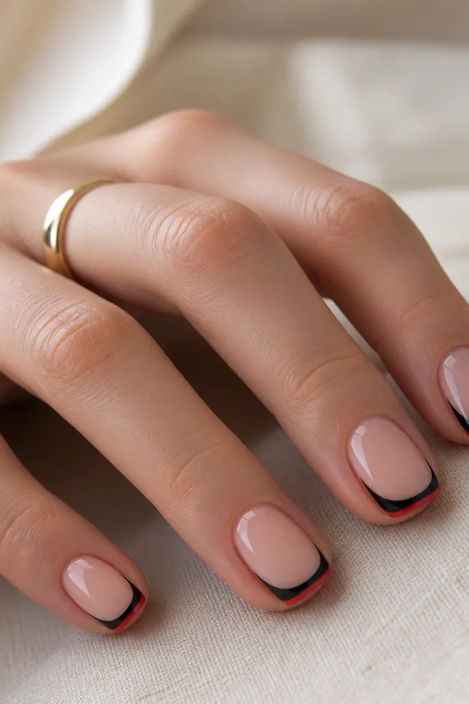 Short squoval nails with a glossy sheer pink base. A classic French smile is painted in black, but the black looks like a slightly raised overlay. The very outer edge of the tip is painted red, creating a thin red rim along the free edge.