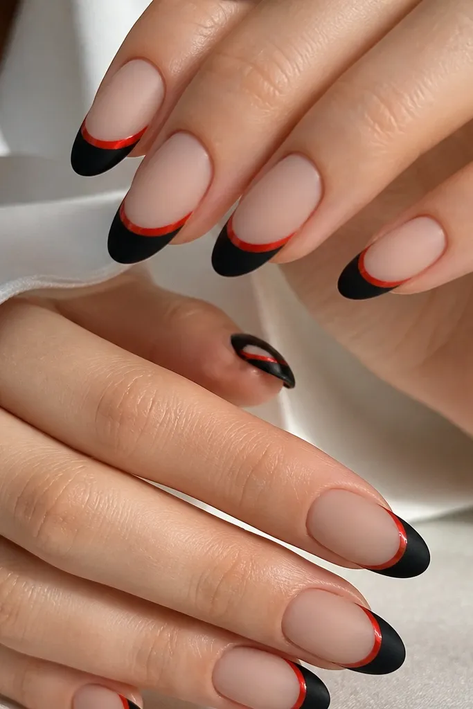 Medium almond nails with a matte black French tip area. The black is non-shiny and velvety. A glossy red French line sits on top of the matte black, creating a shiny-red stripe at the tip edge. The base is nude and also matte, with a glossy red contrast.