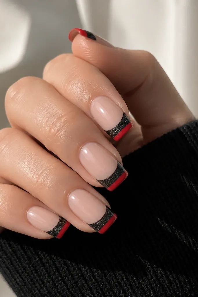 Medium squoval nails with a sheer nude base. The free edge has a black glitter French tip with fine sparkle. On top of the glitter, a solid red tip strip sits at the very outer edge, crisp and glossy.