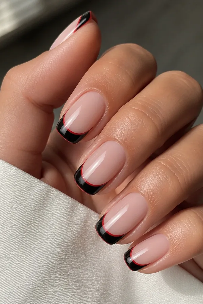 Medium squoval nails with a sheer nude base. A black French tip is painted cleanly along the smile line, and then a thin red line traces the very edge of the black tip like a border. Everything is glossy and sharply defined.
