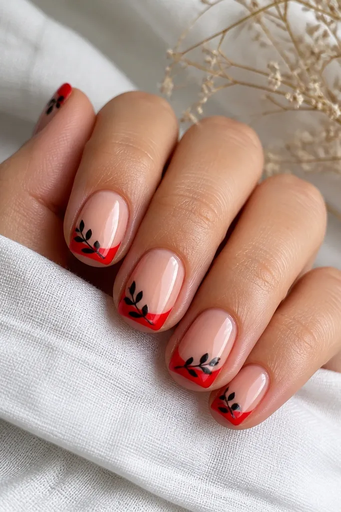 Short squoval nails with glossy red French tips. Over the red tips, there are small black leaf silhouettes near the outer edge, like simple stamped shapes. The rest of the nail is nude and glossy.