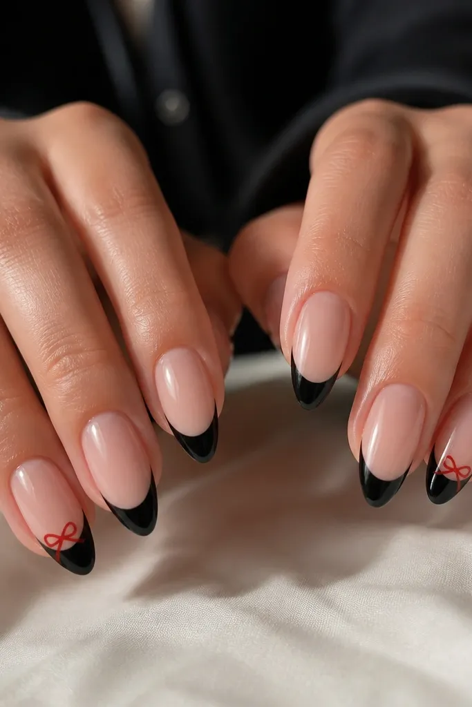 Medium almond nails with glossy black French tips on a nude base. On two accent nails, there's a small red bow drawn over the black tip near the outer edge, with two loops and a tiny knot. The rest of the nails have clean French tips only.
