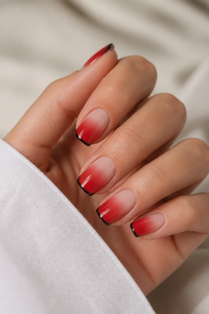 Medium squoval nails with a smooth ombre that transitions from nude at the cuticle into red toward the tip. The very edge has a thin black French outline that crisps the free edge. The ombre is soft, with no harsh line except the black outline.