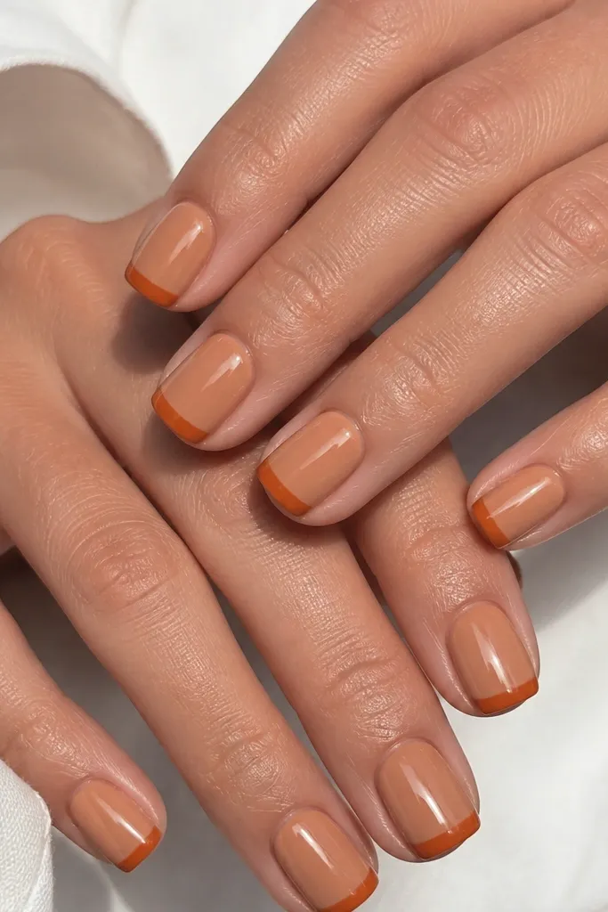 Hands with short-square nails. The base is a warm caramel nude. The tips are a clean burnt orange French line, slightly thicker at the center, with glossy topcoat. Cuticles look crisp with no powder on the skin.
