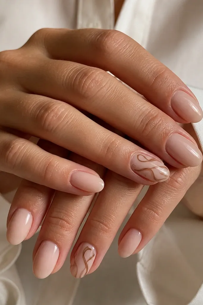 Nails in a short almond shape. Most nails are a soft nude. Two accent nails have thin mocha-brown swirl lines that loop like ribbons, with a glossy finish and tiny negative-space gaps.