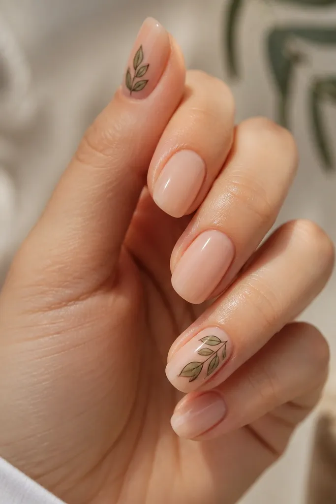 Neutral glossy nails with an olive green leaf motif on the ring finger and thumb. The leaves are outlined in a darker green and filled with olive, with fine veins. Other nails stay plain nude.