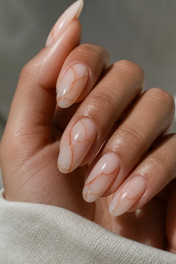 Clear nude or milky nude nails with thin burnt orange marble lines. The lines look like cracks in stone, spread across the nails with a glossy topcoat and clean cuticles.
