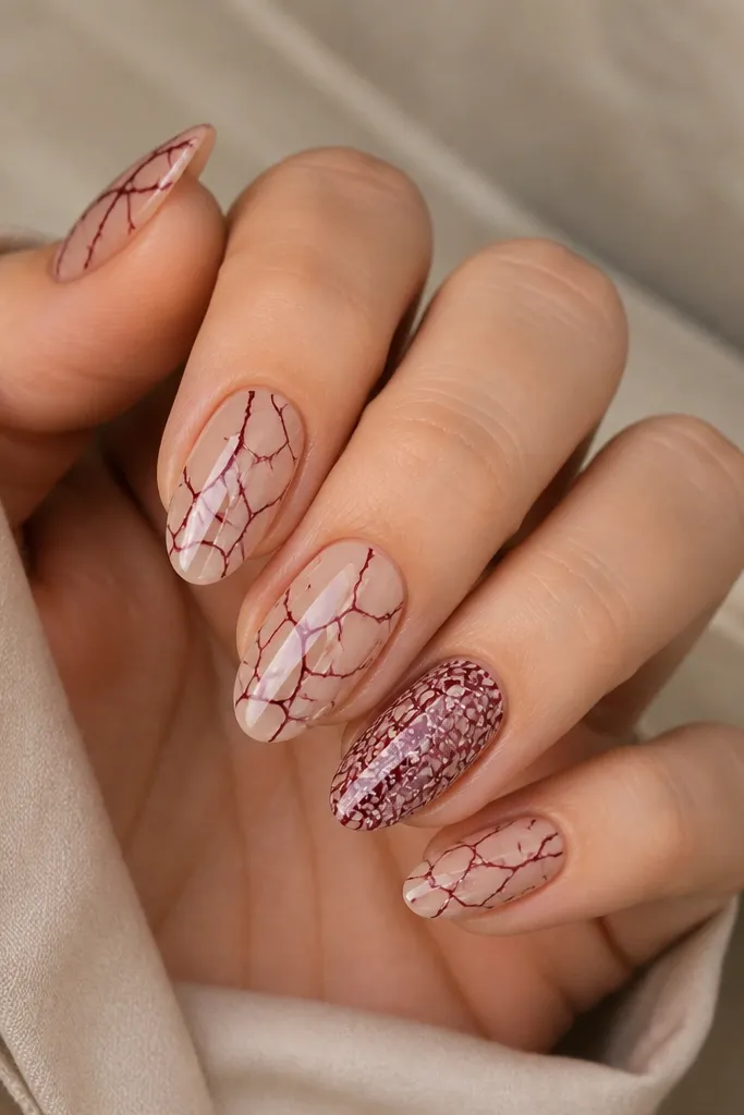 Nails with a deep plum cracked-glass pattern. The base is nude-gloss, and the cracks are plum lines that form an irregular web. Accent nails show denser crack coverage.