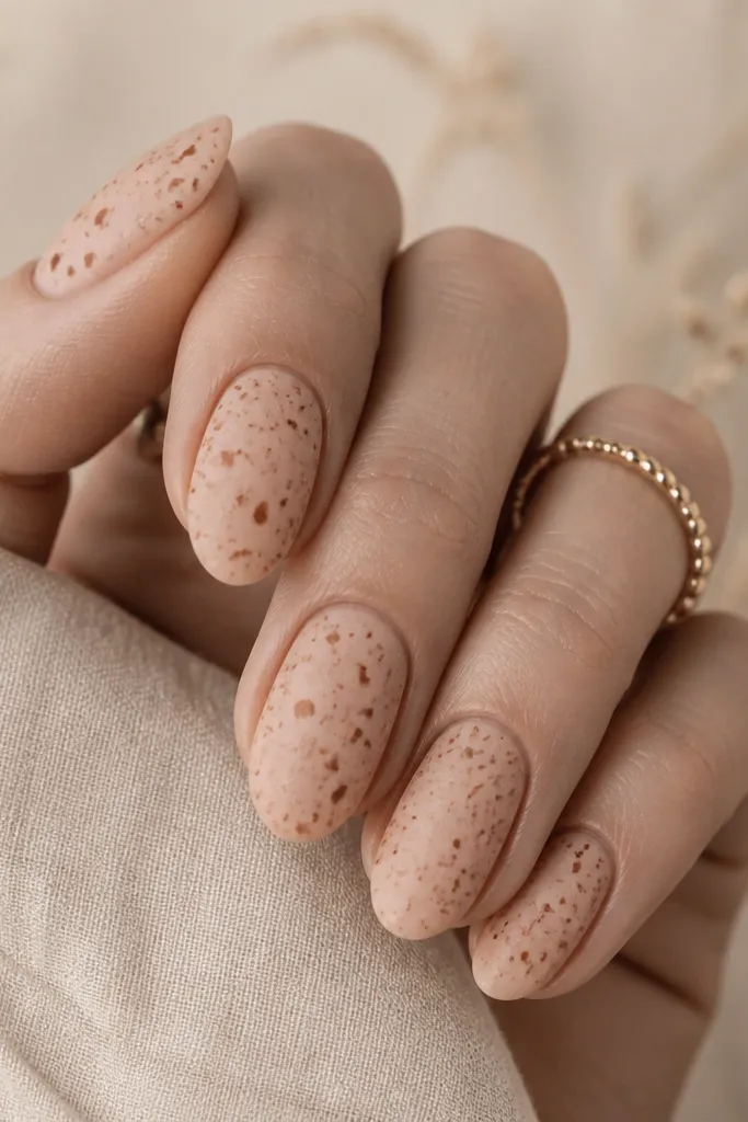 Soft matte nude nails with terracotta speckles scattered across the surface. The speckles vary in size and density, with no glossy shine except the speckles look slightly raised under matte.
