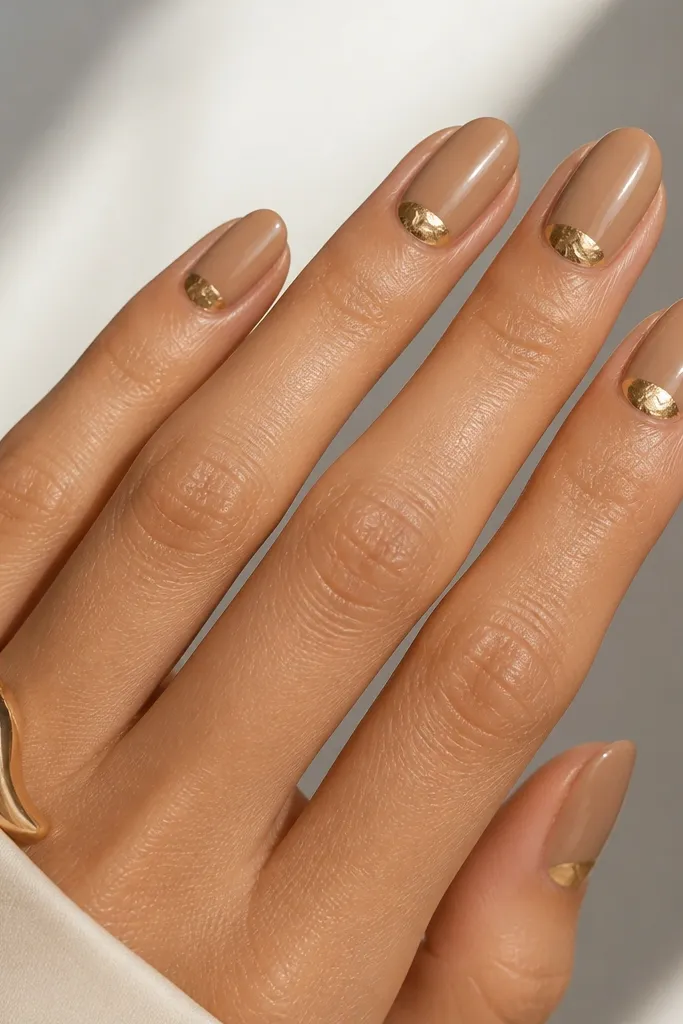Caramel nude nails with gold foil half-moons at the cuticle area. The foil is irregular and metallic, with a glossy finish. The rest of the nail is smooth and solid caramel.