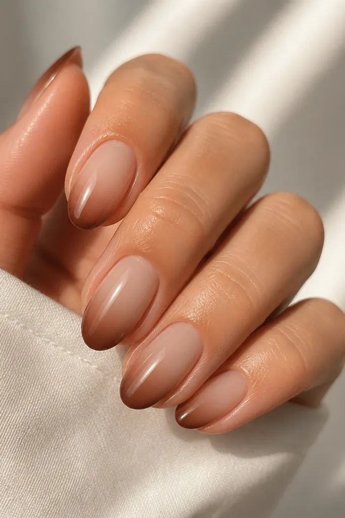 Nails with a milky nude base fading into chocolate brown at the tips. The gradient is smooth, with the darkest brown at the very edge and lighter brown halfway up.