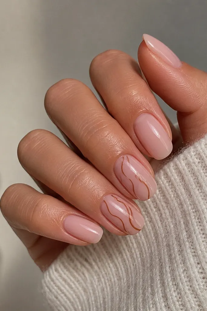 Clear pink nails with cinnamon brown swirl lines on two accent nails. The swirls are thin and curved, with glossy topcoat and clean negative space.