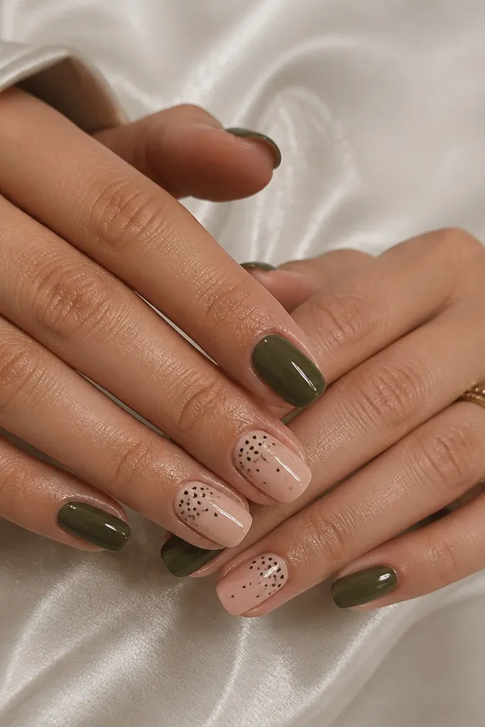 Alternating nails with olive dip and nude dip. On the nude nails, there are tiny black micro dots clustered near the cuticle and spaced toward the center. Glossy finish throughout.