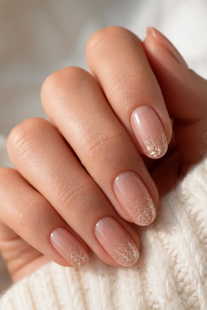Nails with a nude base. Glitter starts at the tip and fades upward into the nude, leaving a soft ombre effect. The glitter looks fine, not chunky, with glossy topcoat.