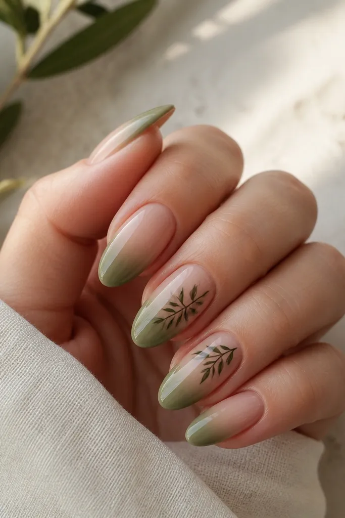 Nails start nude near the cuticle and fade into olive/green toward the tips. Two accent nails add small leaf outlines in dark green. Finish is glossy.
