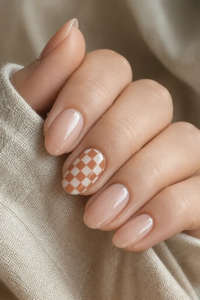 Nude glossy nails with two accent nails that have a small rust orange checker pattern. The checks are neat squares in a grid, with crisp lines and clean edges.