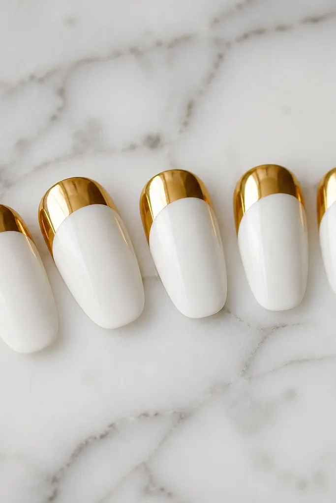 Five nails on a white marble surface. The base is bright opaque white gel. The top half of each nail has a clean gold mirror arc across the tips, with crisp lines and a sharp reflective finish.