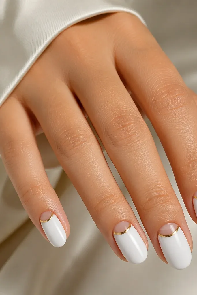 Thumb to ring finger nails show a cool white base with a crisp half-moon near the cuticle in clean negative space. A thin gold chrome ring sits exactly around the half-moon edge, reflecting light.