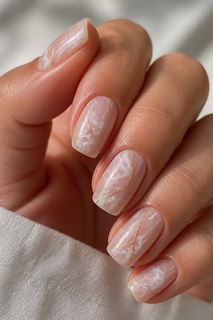Glossy nails with swirling white marble patterns in different opacities. Thin gold chrome lines trace some marble 'veins,' giving a metallic sparkle that looks like inlay.