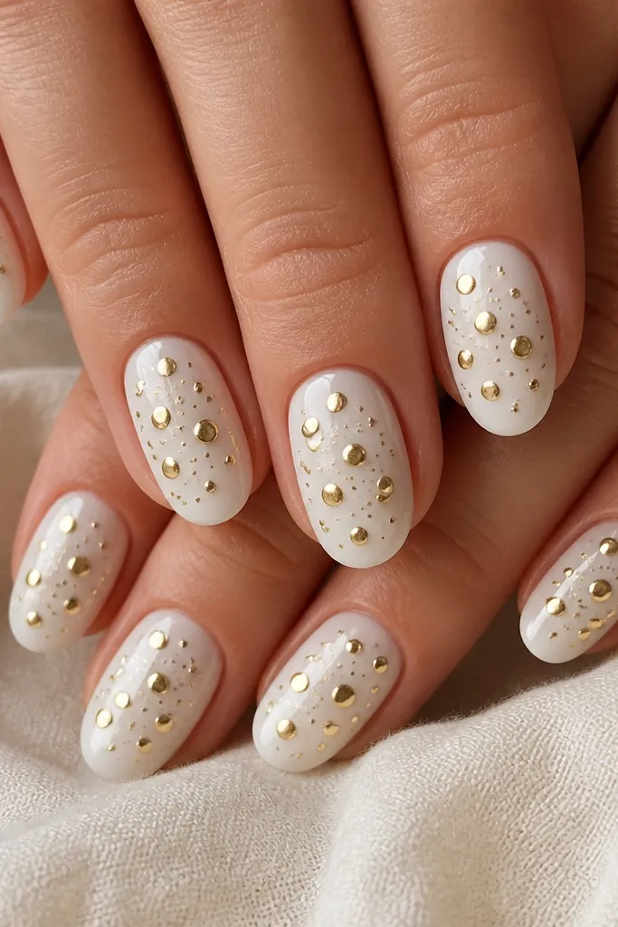 Bright white nails with scattered gold chrome dots and small specks across the middle and near the tips. The dots look raised and reflective like tiny coins.