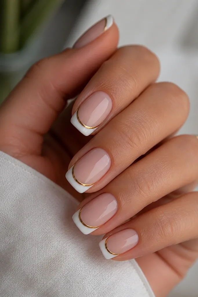 Nails with classic French tips in cool white. A thin gold mirror line outlines the edge of each French tip, like a frame around the smile line.