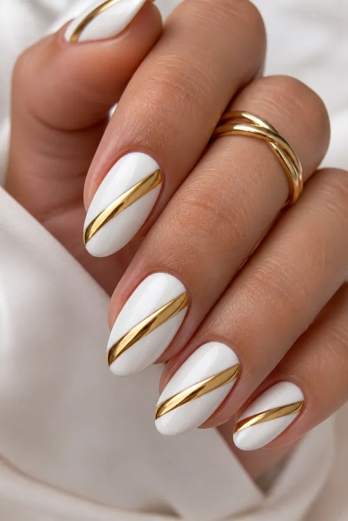 Each nail has a bright white base with a diagonal gold chrome stripe running from lower left to upper right. The stripe is straight, reflective, and slightly raised under glossy top coat.