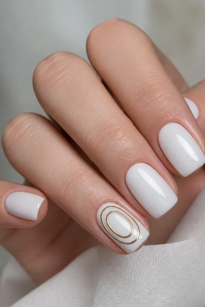 Four nails are cool white. One accent nail shows a thin gold chrome ring near the cuticle, plus a second thinner ring closer to the center, creating a halo effect.