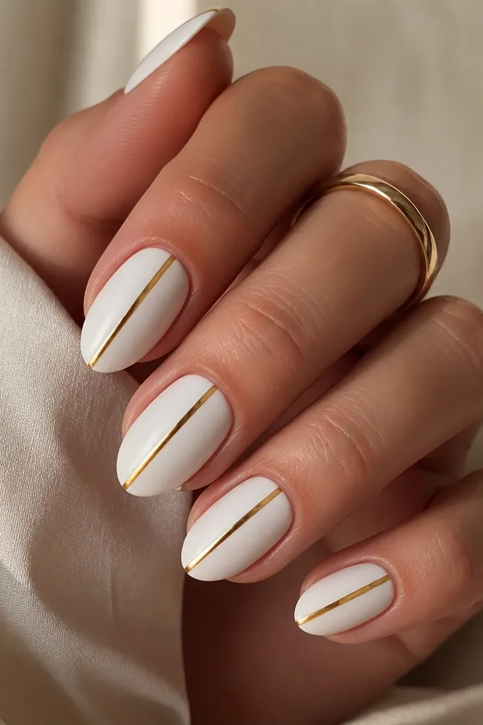 Nails are coated in matte cool white. A single center stripe on each nail is glossy gold chrome, creating a reflective line against the flat matte background.