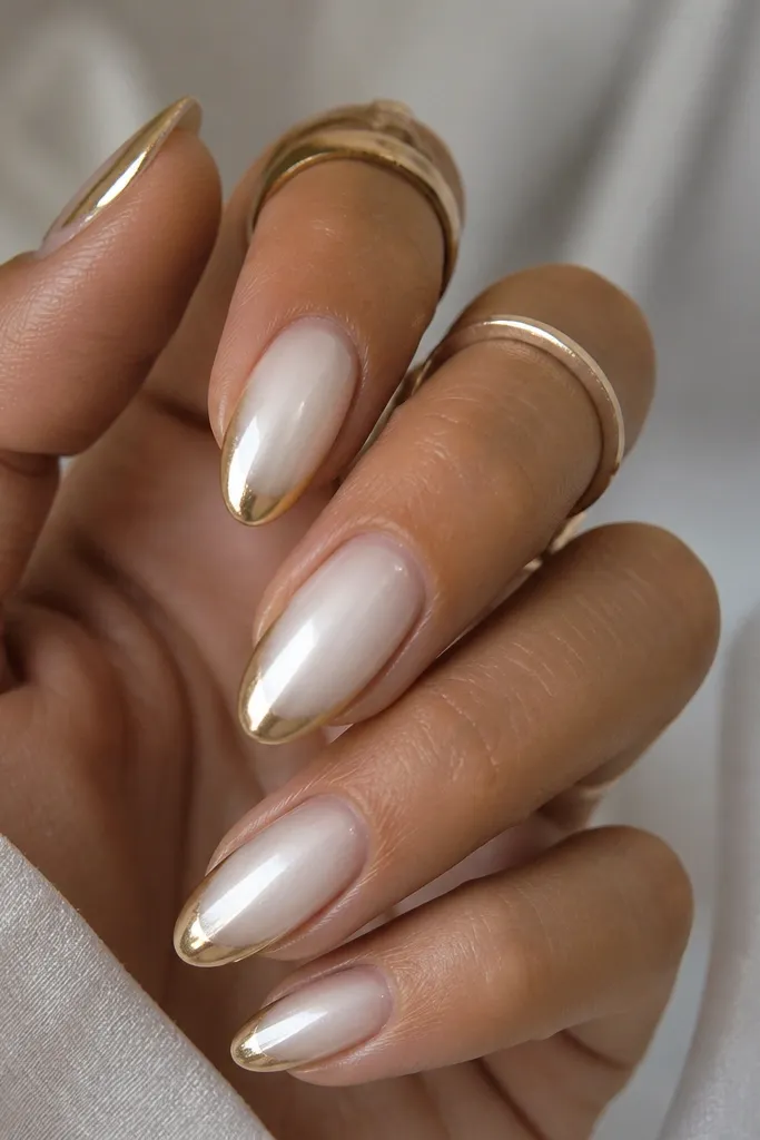 A cool white aura radiates from the center of each nail into a soft haze. The outer edge has a gold chrome glow that looks like a metallic halo at the sides and tip.