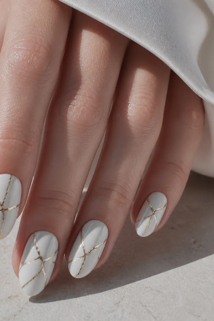 Cool white nails with thin gold chrome lines that look like cracked glass. The cracks branch naturally from near the center toward the edges, all reflective and sharp.