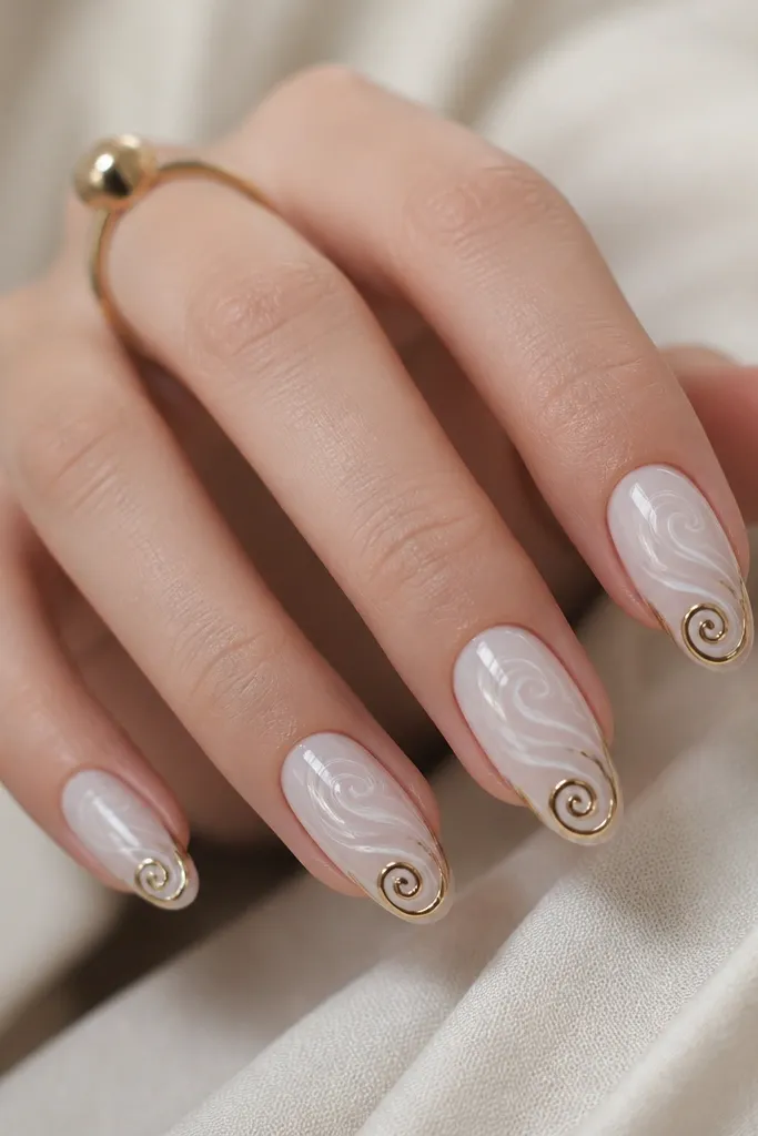 Nails have cool white swirling patterns. Each nail ends with a gold chrome spiral at the tip, like a small whirl of metallic ribbon.
