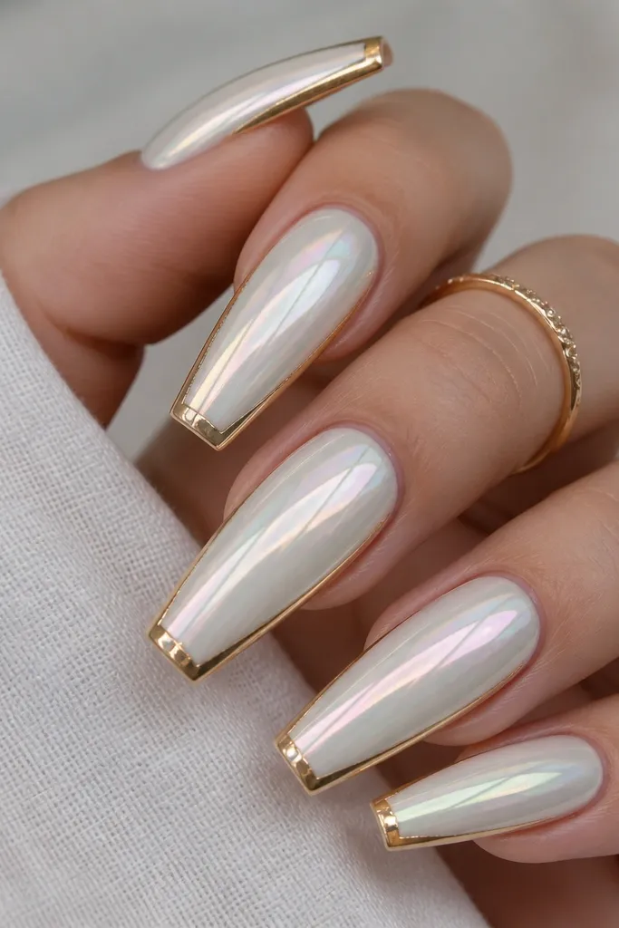 Close-up of long coffin nails in pearly white gel chrome. Each nail has a thin gold foil border running around the outer edge - like a frame - with a crisp 1-2 mm band of gold at the free-edge corners. The center stays pearly and smooth, catching light as soft rainbow flashes.