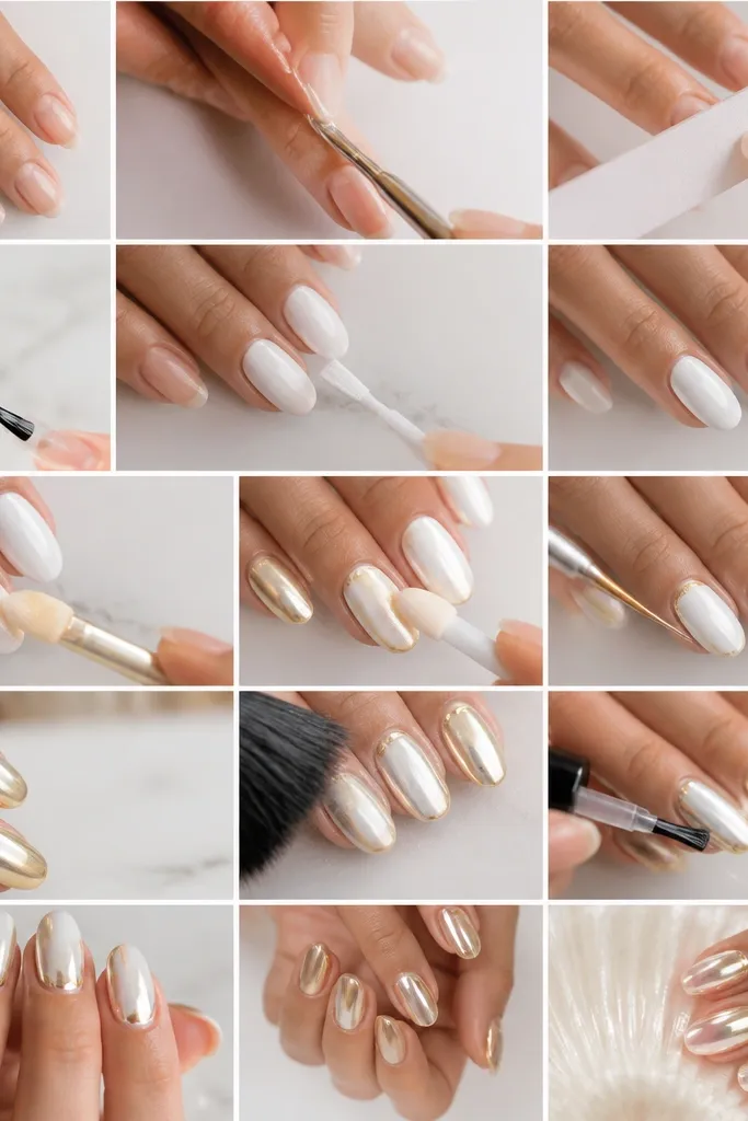 15 steps to white and gold chrome nails at home, easy