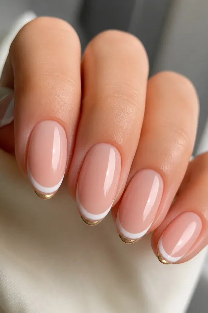 Five almond nails with a crisp thin white French tip line. The gold appears as a narrow band at the very end of each tip, like a micro foil strip. Base is sheer nude, top coat is high gloss, and the gold edge catches light.
