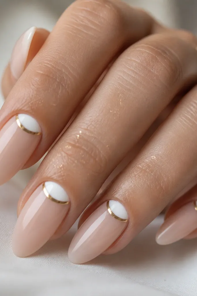 Almond nails with a sheer nude base. Near the cuticle, there's a clean half-moon shape painted white. Inside or right above that white crescent, a thin gold foil arc sits along the curve. Glossy finish, gold sparkles in small flecks.