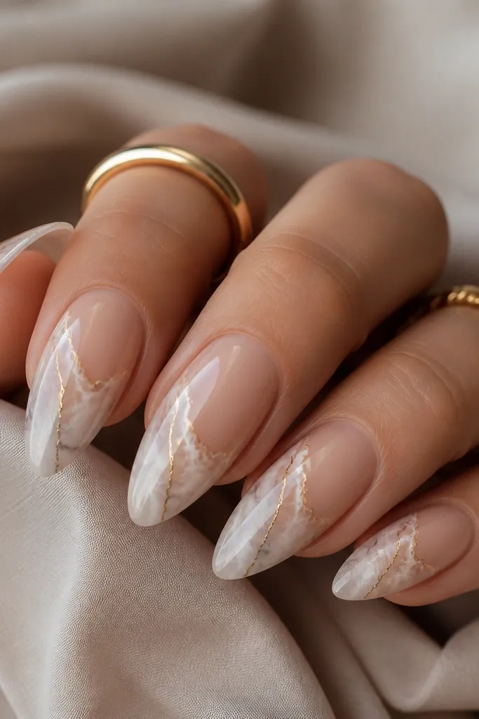 Almond nails on a nude base. White marble swirls spread diagonally, with soft gray-white movement. A thin gold line traces one main marble vein from near mid-nail toward the tip. High gloss, marble has realistic feathering.