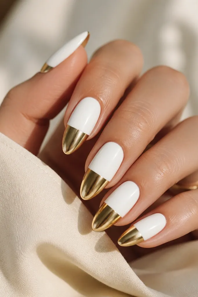 Almond nails with an opaque white base. The lower half of each nail has a gold chrome glaze effect, like a smooth reflective band. The top half stays matte or satin-white while the gold section is mirror-like. Clean cuticle, glossy around edges.