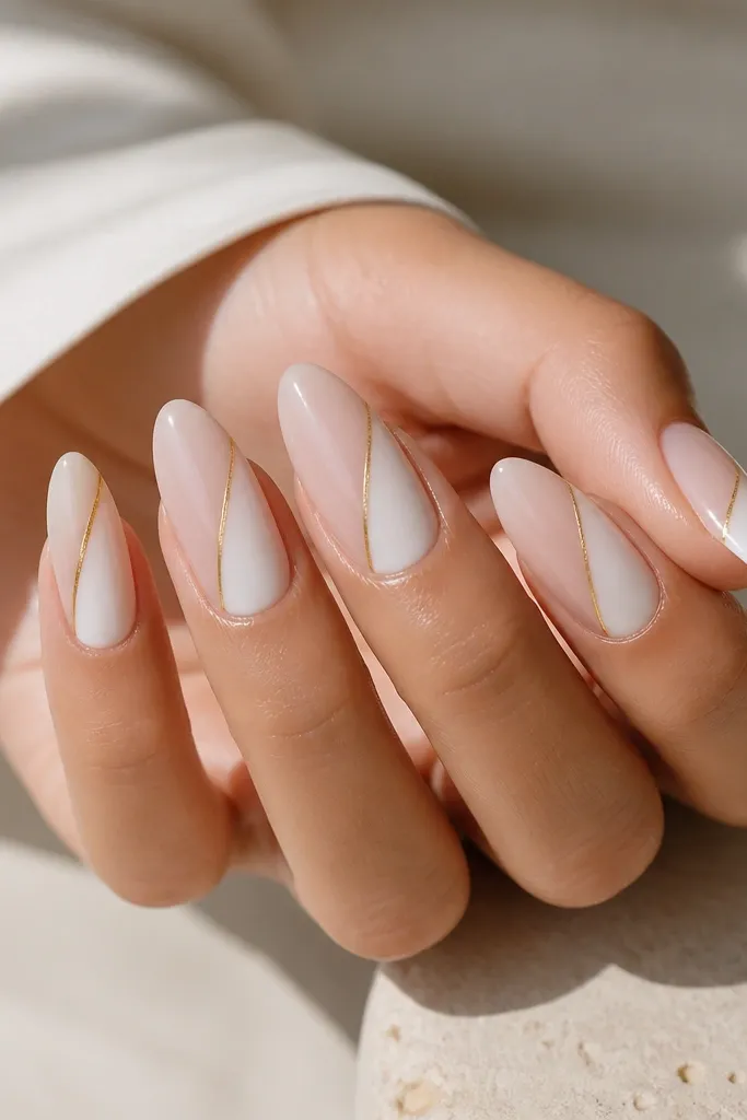 Almond nails with a sheer nude base. A diagonal white sweep crosses from lower left to upper right. Along one edge of that diagonal, there's a thin gold rail line. Glossy finish, crisp diagonal edges.