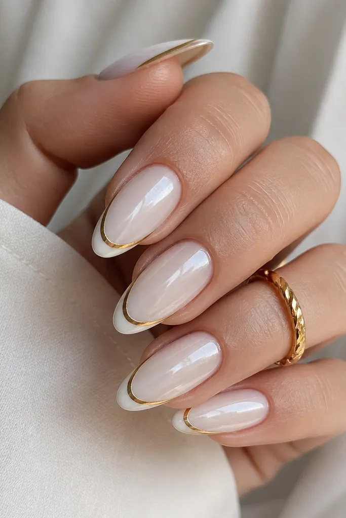 Almond nails in a pearlized milky white base. A thin gold outline traces a French tip shape, with white inside the tip area. The gold line is crisp and metallic, and the overall finish has a soft pearl sheen.