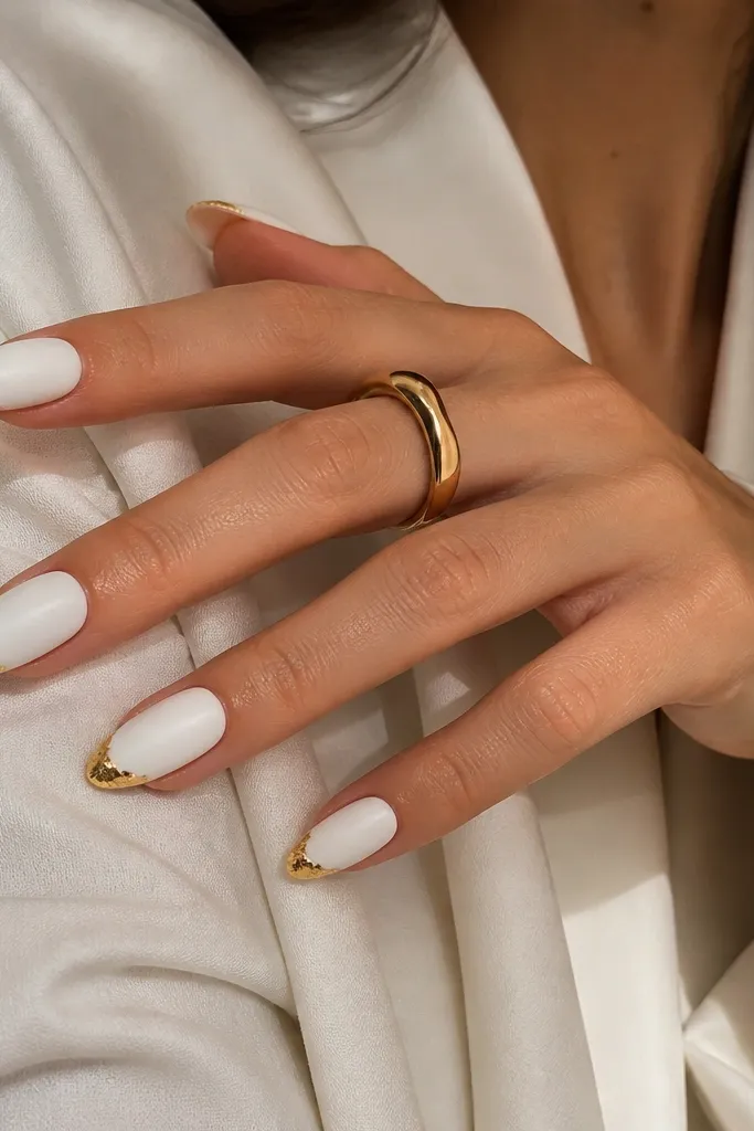 Almond nails with a matte opaque white finish. At the very tips, there are glossy gold leaf pieces layered like thin flakes. The gold looks shiny against the matte white, with a clean cuticle line.