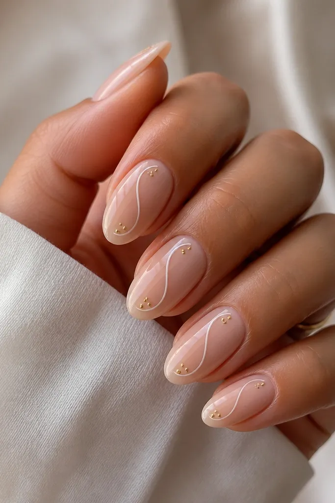 Almond nails with a sheer nude base. Thin white swirl outlines form a loose S-curve in the center. In the upper and lower corners of the swirl, there are small gold dots. Glossy top coat, lines are crisp and thin.