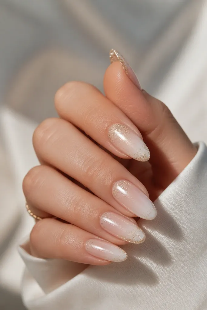 Almond nails with a nude base fading upward into a soft white ombre. At the very tip, there's a concentrated gold glitter layer that fades slightly into the white. Glossy finish, ombre looks smooth not grainy.
