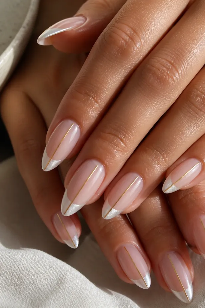 Almond nails with a sheer nude base and pearlized white French tips. A single thin gold stripe runs down the center of each nail from just above the French line to the tip. Glossy finish, stripe is straight and metallic.