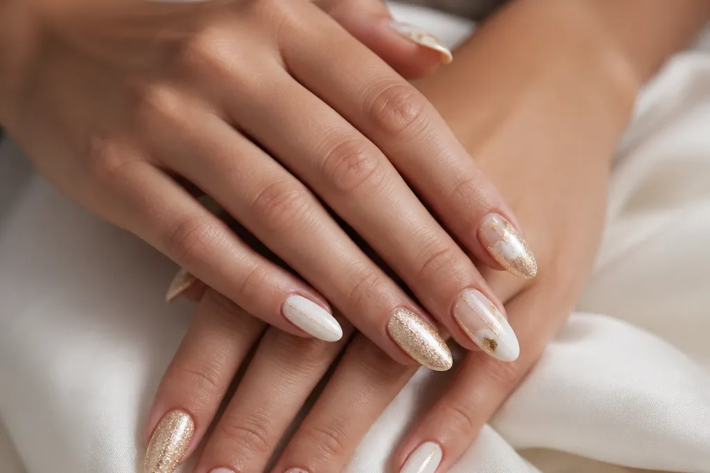 15 White And Gold Almond nails with simple glam