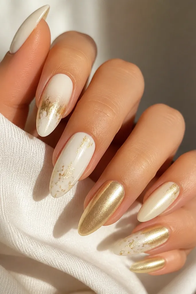 15 White And Gold Almond nails with simple glam