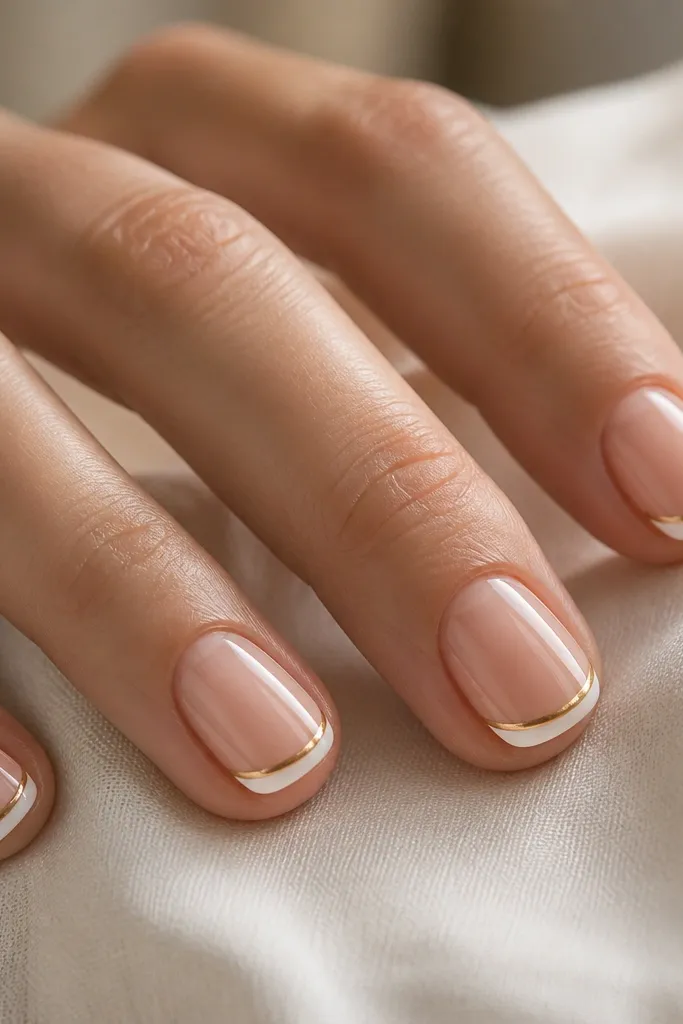 Short, rounded nails with a thin white French tip. A narrow gold strip lines the very edge of the white tip, like a metallic outline. Glossy top coat makes the gold reflect in small highlights.